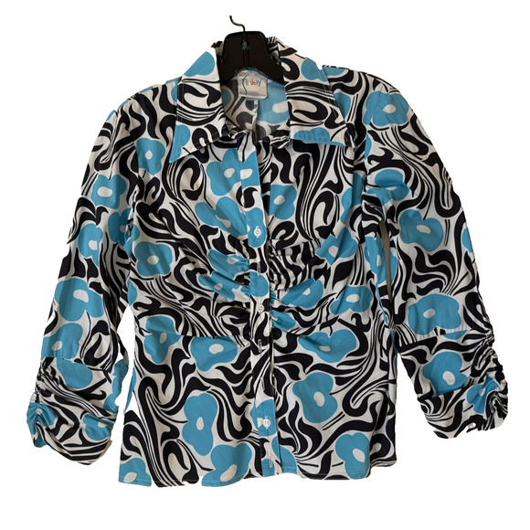 Finley Blouse Womens Small Long Sleeve Button Up Ruched Floral Top Boutque - Picture 1 of 7